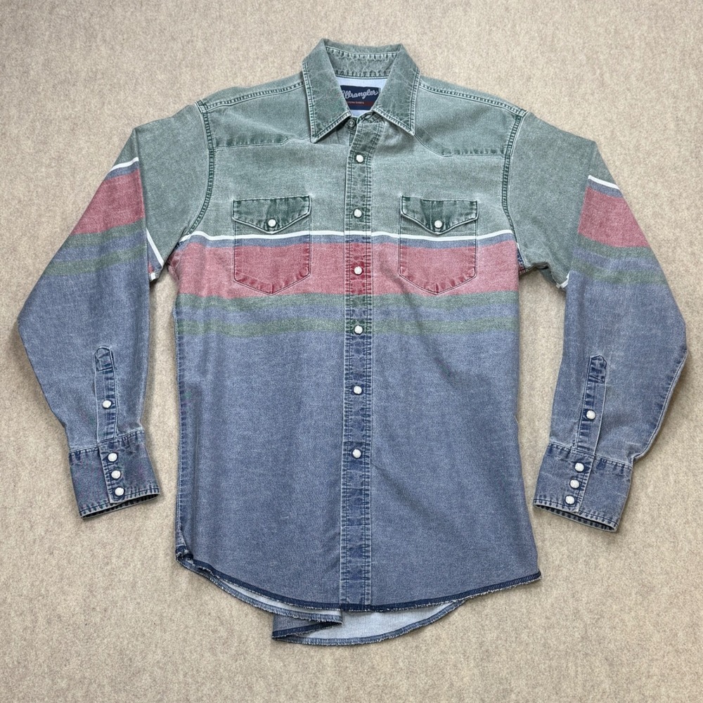 Vintage Wrangler Western Shirt Mens M Blue Green Striped Pearl Snap Cowboy 90s